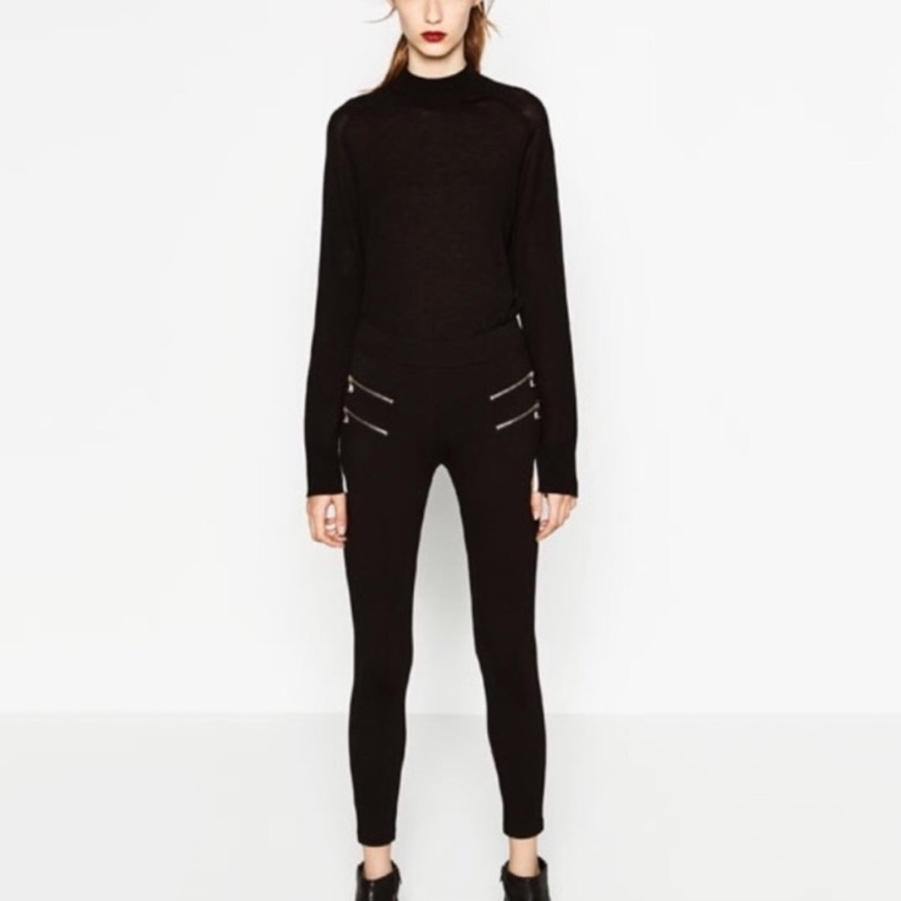 Zara Basic Collection Black Faux Leather Double Zip Straight Leg Pants Size M